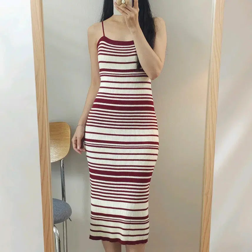 [BUNJANG] Women's Sleeveless Knit Stripe Long Dress / (F)여성 나시 니트 롱 원피스 스트라이프 W4251