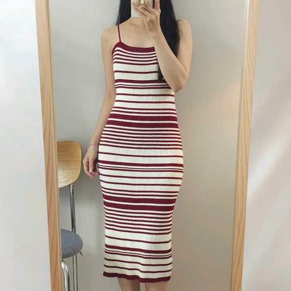 [BUNJANG] Women's Sleeveless Knit Stripe Long Dress / (F)여성 나시 니트 롱 원피스 스트라이프 W4251