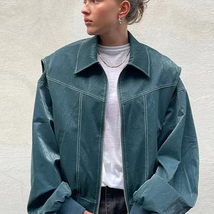 [BUNJANG] OWN Stitch Oversized Leather Blouson Jacket / OWN 오운 남녀공용 스티치 오버핏 레더 자켓 블루종