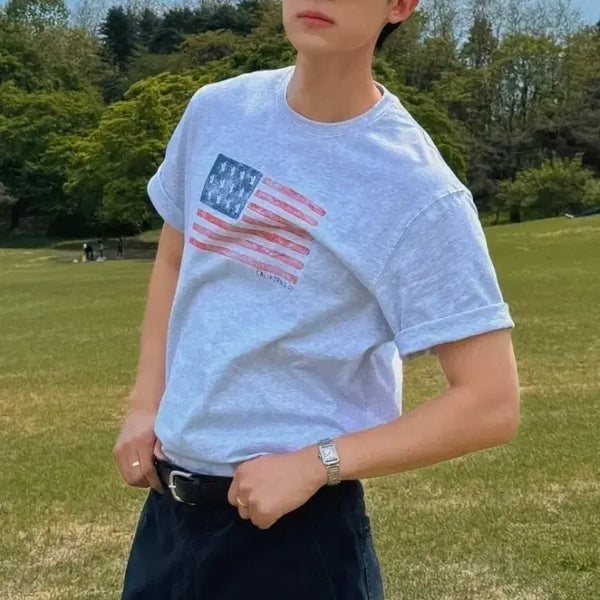 [BUNJANG] Who AU USA Flag Short Sleeve T-Shirt L / 후아유 미국 반팔 티셔츠 L