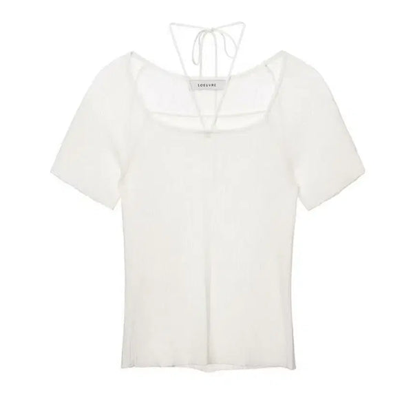 [BUNJANG] A.LUNE Halter String Short Sleeve Knit Pullover Square Neck Ivory F / 루에브르 홀터 스트링 반팔 니트 풀오버 스퀘어넥 아이보리 F