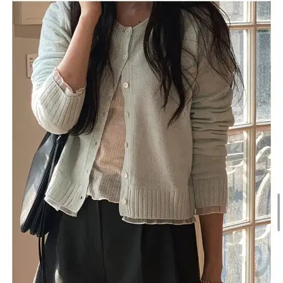 [BUNJANG] Kinda Beige Pure Layer Boucle Cardigan with Frill Lace / 킨다베이지 퓨레 레이어 부클 가디건 프릴 레이스 아쿠아민트