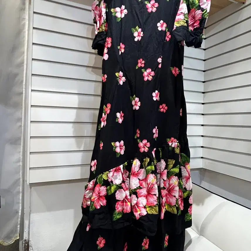 [BUNJANG] Black Flower Pattern Puff Sleeve Dress / 블랙 플라워 패턴 퍼프소매 원피스