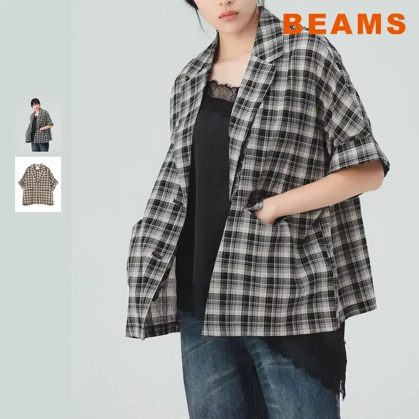 [BUNJANG] BEAMS HEART Checked Short Sleeve French Jacket / 빔즈 하트 프렌치 반팔 체크 자켓