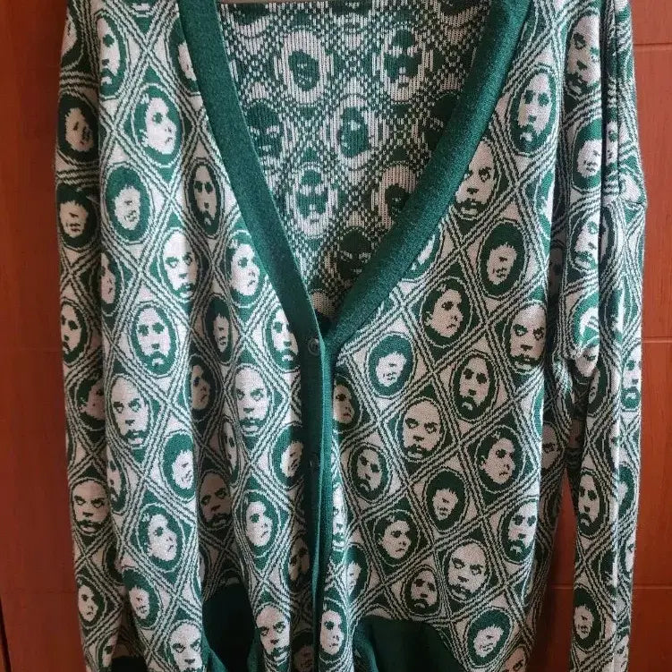 [BUNJANG] Face Pattern Knit Cardigan Green L / 얼굴 패턴 가디건 그린 L사이즈