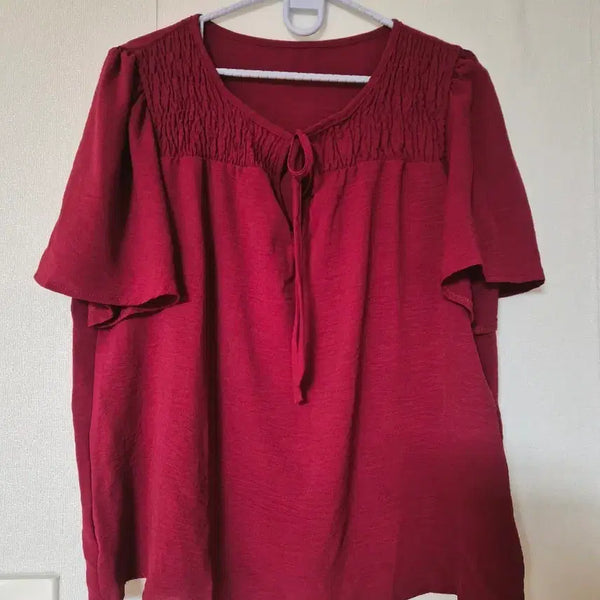 [BUNJANG] Burgundy Shirring Blouse with Frill Sleeves / 버건디 셔링 블라우스