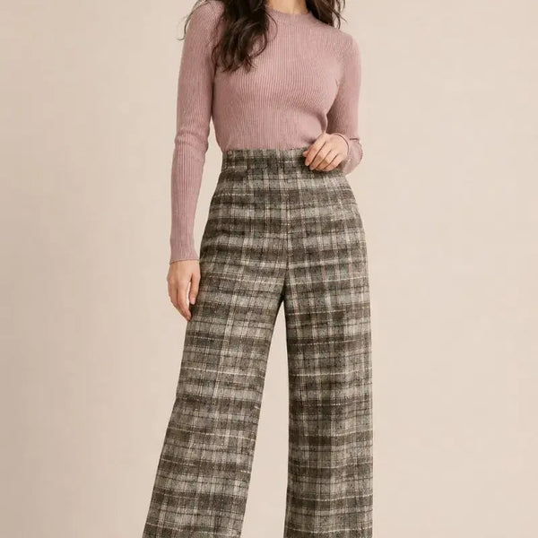 [BUNJANG] TIME Check Pattern Wool Wide Pants Brown Size S / TIME 타임/체크 패턴 양모 와이드 팬츠/한섬/S/앨리스/1791