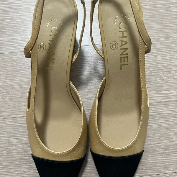 [BUNJANG] Chanel Slingback Beige Leather Black Cap Toe Shoes Size 37.5 / 샤넬 슬링백 37.5