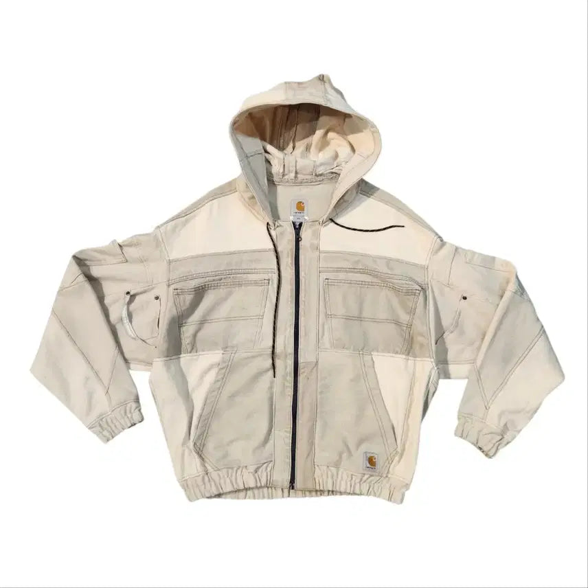 [BUNJANG] Carhartt Custom Patchwork Hoodie Zip-Up Jacket Beige XL / 칼하트 커스텀 후드 집업 자켓 베이지 XL