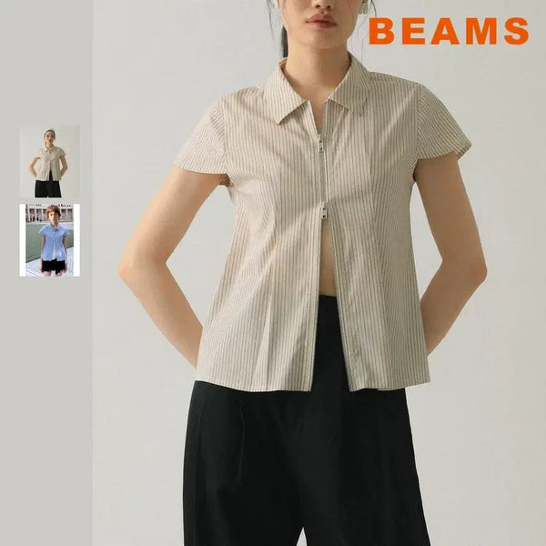 [BUNJANG] BEAMS Ray Stripe Zip-Up Short Sleeve Shirt / 빔즈 레이 스트라이프 집업 반소매 셔츠
