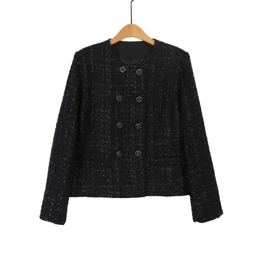 [BUNJANG] MAX STUDIO Black Tweed Jacket (Size 66, Collarless, Double-Button) / MAX STUDIO 트위드 자켓 66 블랙 노카라 하객룩