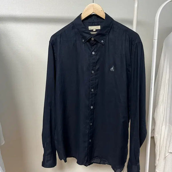 [BUNJANG] Beanpole Navy Linen Blend Long-Sleeve Shirt (Size 100) / 빈폴 진곤색 네이비 린넨 마소재 긴팔 정품 100