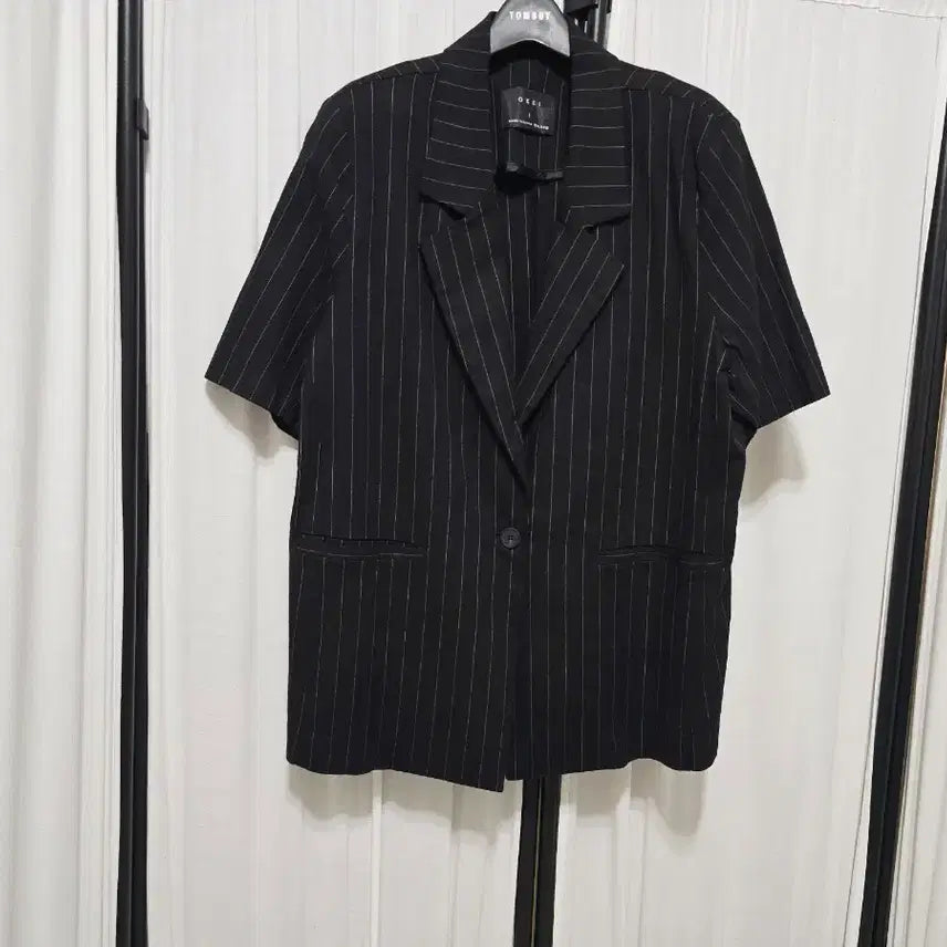 [BUNJANG] Linen Blend Stripe Short Sleeve Jacket / 린넨혼방 스트라이프 루즈핏 반팔 자켓 새상품