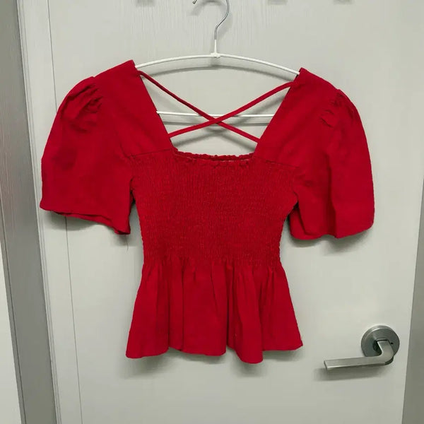 [BUNJANG] Red Smocked Puff Blouse / 빨간색 스모크 퍼프 블라우스