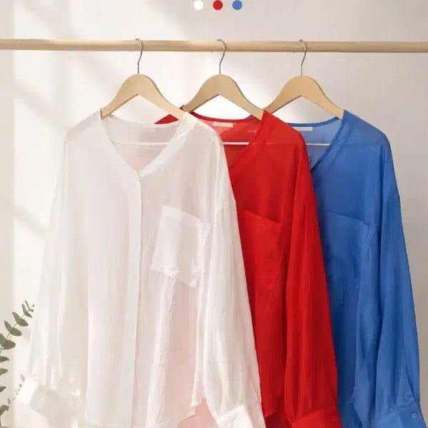 [BUNJANG] Nokara See-through Blouse White/Red/Blue / 노카라 시스루 블라우스 화이트/레드/블루