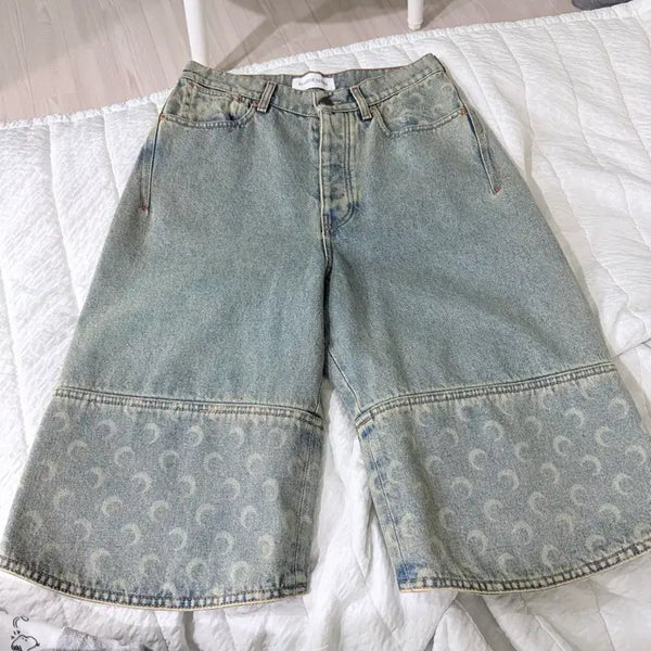 [BUNJANG] Marine Serre Moon Logo Denim 7/10 Length Pants / 마린세르 문 로고 데님 7부 팬츠 (설명 보세요)