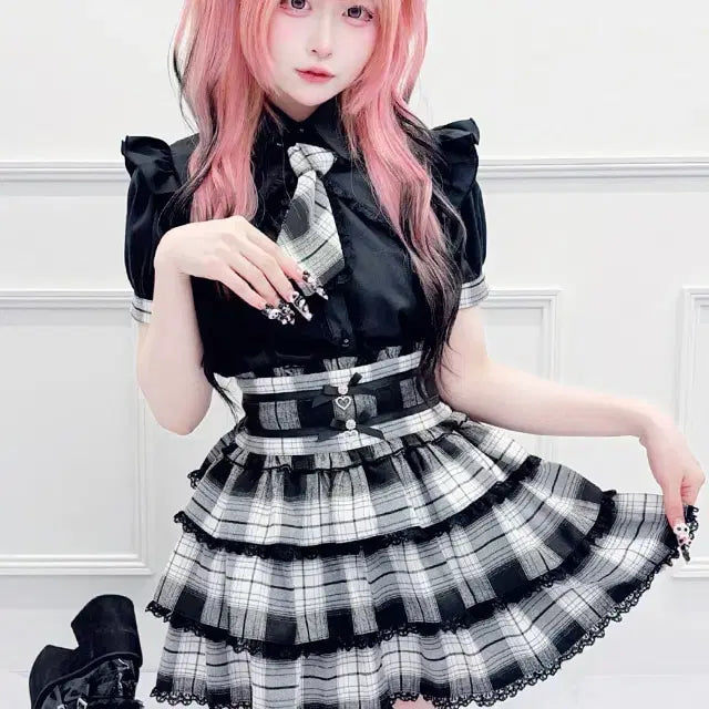 [BUNJANG] MARS Ribbon Checkered Skirt Pants / MARS 마즈 리본 체크무늬 스커트 팬츠