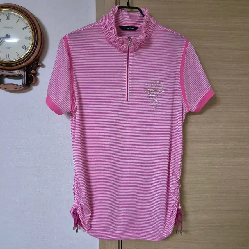 [BUNJANG] KYJ Golf Women's Half-Zip Striped Short-Sleeve T-Shirt (Pink, Size 100) / 김영주 골프 여성 하프집업 스트라이프 반팔 티셔츠