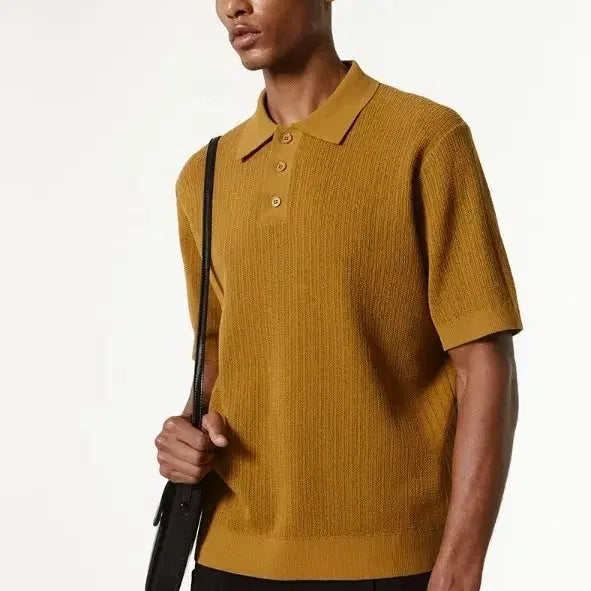 [BUNJANG] JILLSTUART NEWYORK MEN Dark Yellow Crochet Collar Short Sleeve Knit S Size / 질스튜어트뉴욕/ 다크옐로우 크로셰 카라 반팔니트/ S size