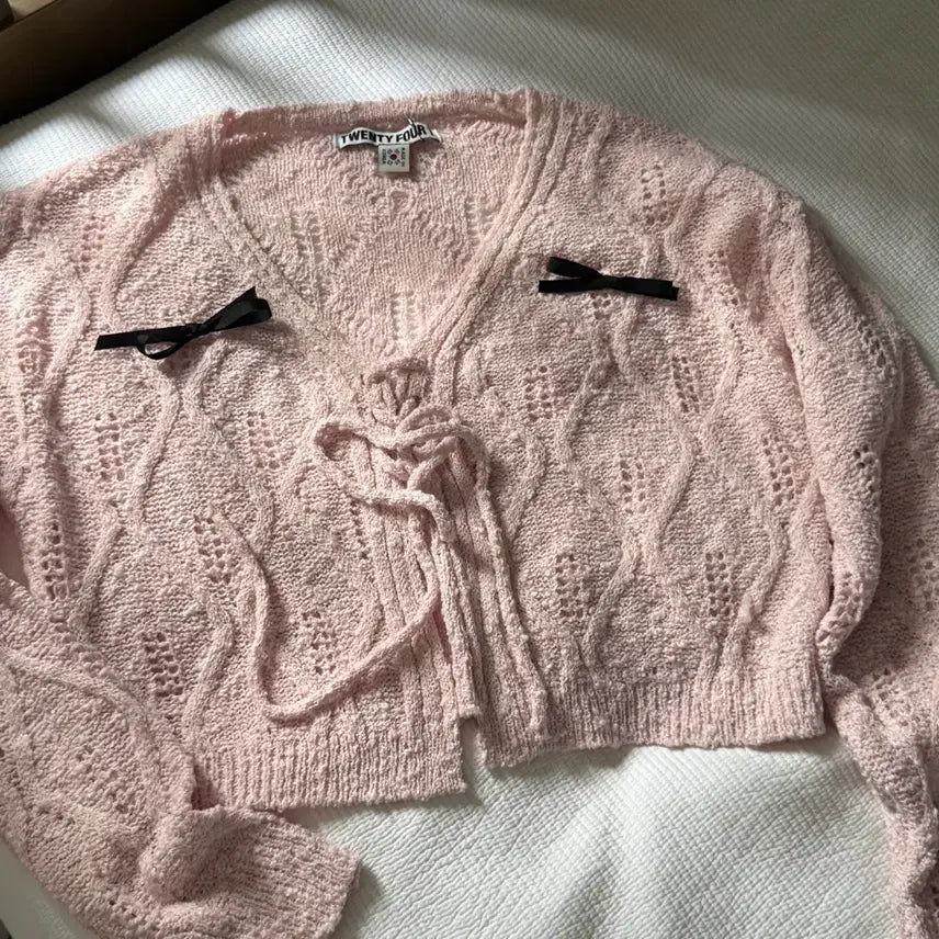 [BUNJANG] Twenty Four T Ribbon Knit Cardigan Pink / (사진O)twenty four t 트웬티포티 리본 니트 가디건 핑크