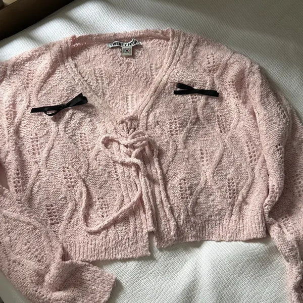[BUNJANG] Twenty Four T Ribbon Knit Cardigan Pink / (사진O)twenty four t 트웬티포티 리본 니트 가디건 핑크