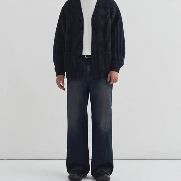 [BUNJANG] Drawfit Curved Incision Line Denim Pants [SLATE BLUE] / 드로우핏 커브드 인시전 라인 데님 팬츠 [SLATE BLUE]