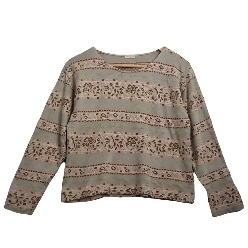 [BUNJANG] Retro Pattern Flower Stripe Cotton Long Sleeve Knit / JPN 레트로 패턴 플라워 스트라이프 코튼 긴팔 니트 [M]