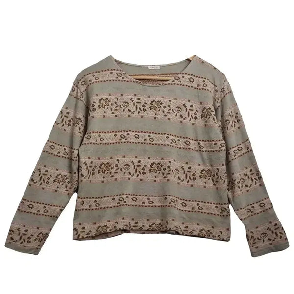 [BUNJANG] Retro Pattern Flower Stripe Cotton Long Sleeve Knit / JPN 레트로 패턴 플라워 스트라이프 코튼 긴팔 니트 [M]