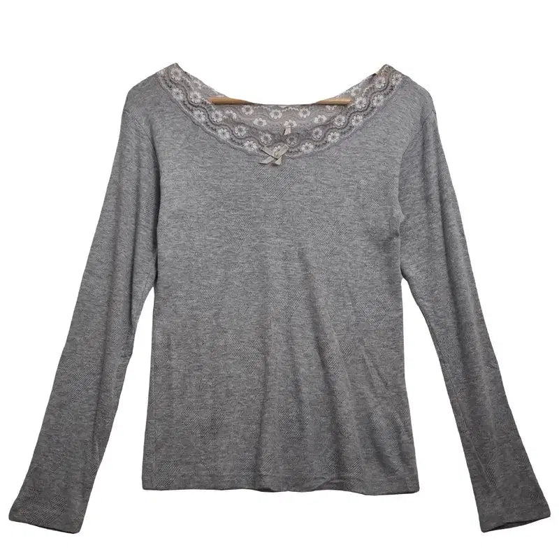 [BUNJANG] Jpn Grey Lace Round Neck Pajama Style Long Sleeve T-Shirt XS / JPN 그레이 레이스 라운드넥 파자마 스타일 긴팔 티셔츠 [XS]