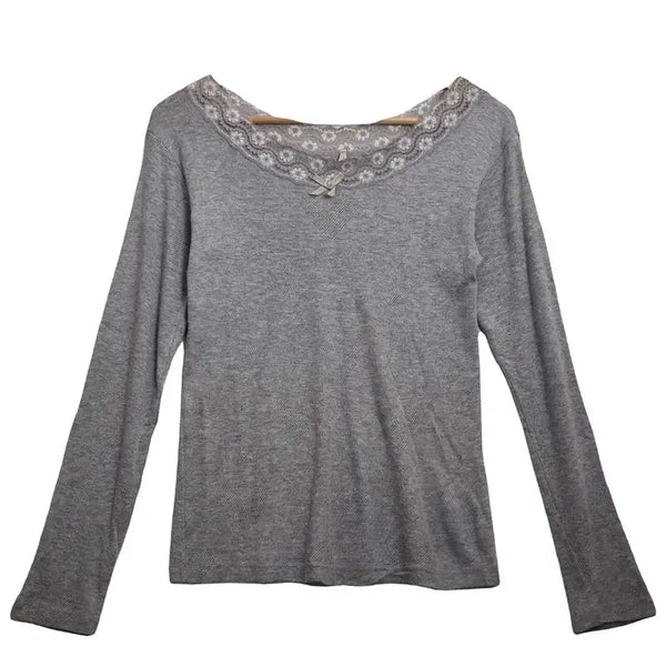 [BUNJANG] Jpn Grey Lace Round Neck Pajama Style Long Sleeve T-Shirt XS / JPN 그레이 레이스 라운드넥 파자마 스타일 긴팔 티셔츠 [XS]