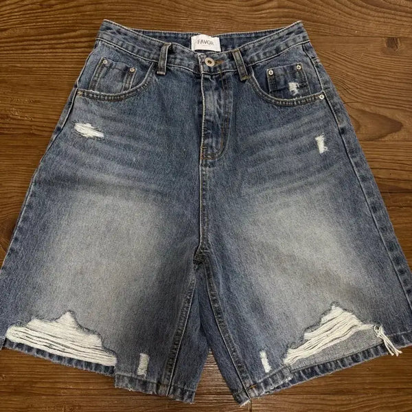 [BUNJANG] Washed 5-Length Distressed Straight Fit Denim Jeans / 구제 워싱 5부 데미 일자핏 중청데님