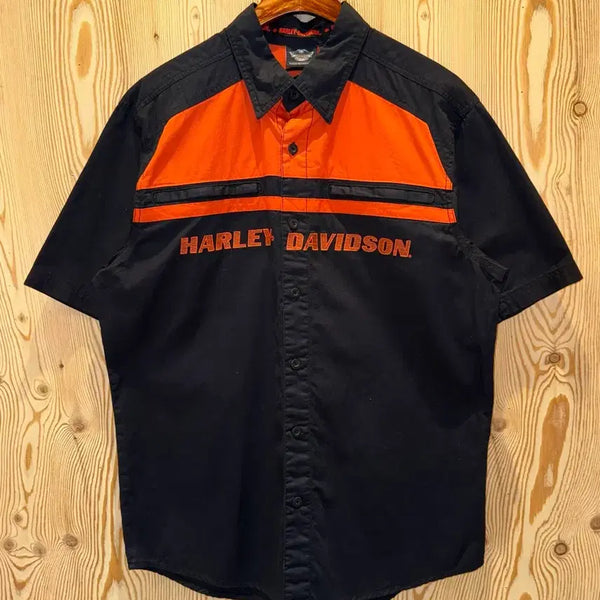[BUNJANG] Harley-Davidson Lettering Logo Embroidered Short Sleeve Shirt / 할리데이비슨 레터링 로고 자수 반팔 셔츠