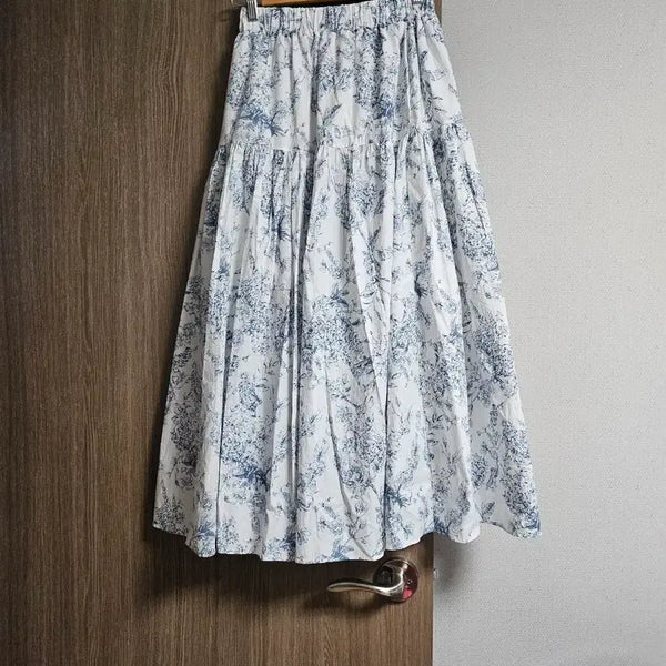 [BUNJANG] Blue Floral Flare Long Skirt / 블루 플라워 플레어 스커트