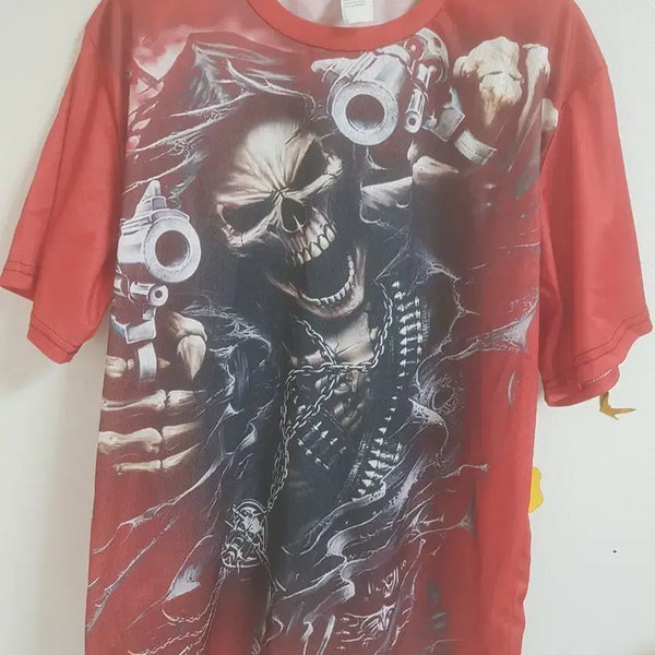 [BUNJANG] Skull Gun Print T-Shirt Red Size 100 / 해골 총 프린팅 티셔츠 레드(100)미사용