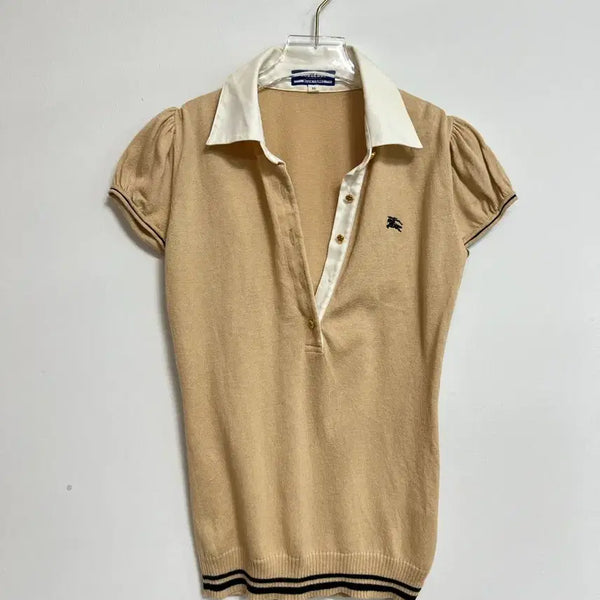 [BUNJANG] Burberry Beige Collar Short Sleeve Knit - Size M / 버버리 카라 반팔니트