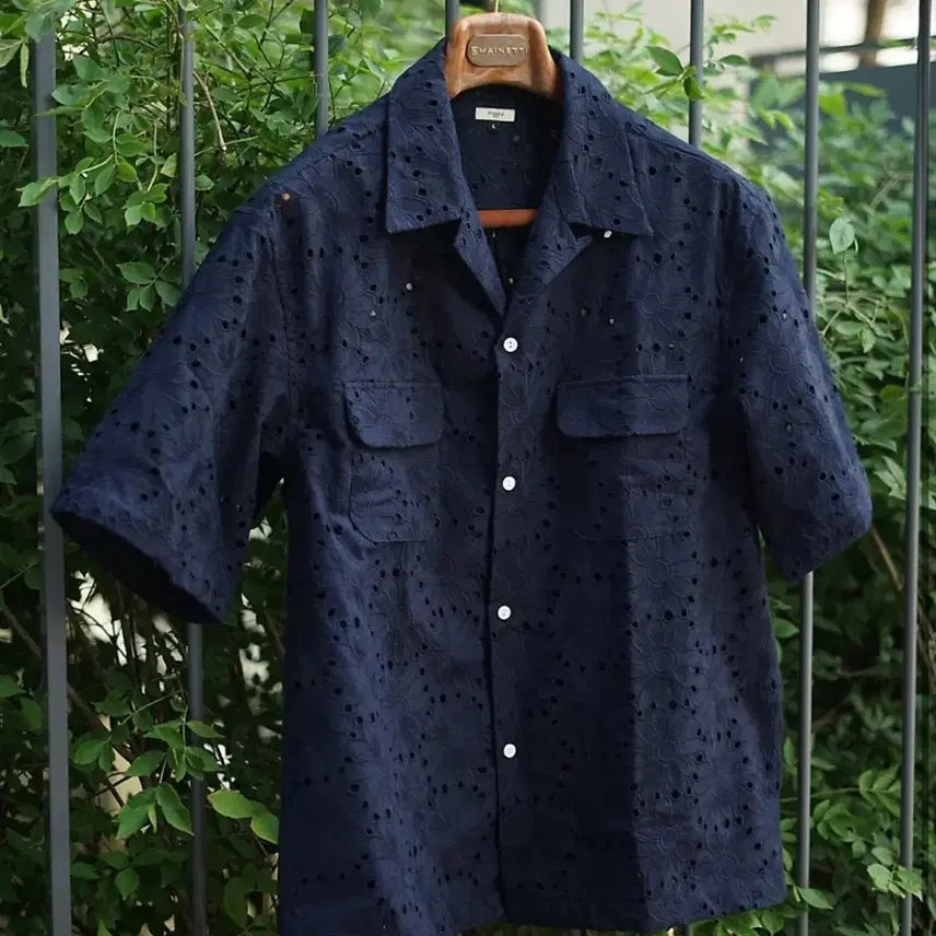 [BUNJANG] Tenneri x Frank Jay Short Sleeve Shirt Navy Floral Embroidery Size L (105) / 테너리 프랑크제이 반팔 셔츠 L 105