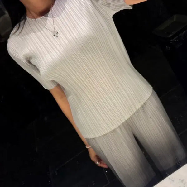 [BUNJANG] Pleated Monthly Round Short-Sleeve Top - Silver / 플리츠 먼슬리 라운드 반팔 탑 실버컬러