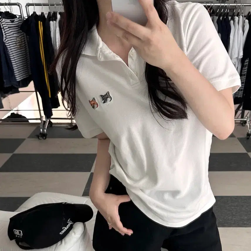 [BUNJANG] Maison Kitsuné Double Fox Head White Polo T-Shirt / 메종키츠네 더블 폭스헤드 화이트 카라 티셔츠