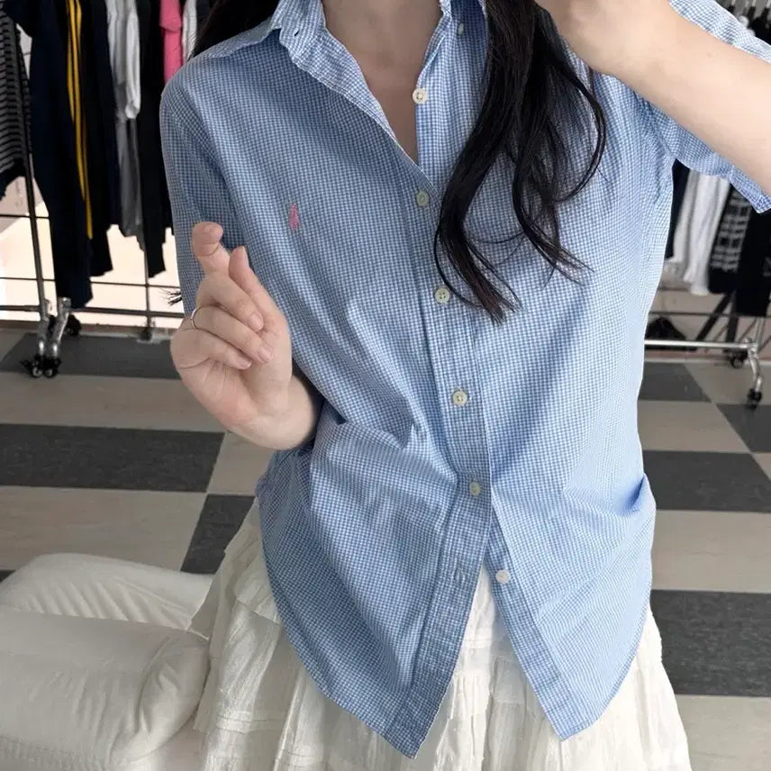 [BUNJANG] Ralph Lauren Pink Pony Sky Check Short Sleeve Shirt / 랄프로렌 핑크포니 스카이 체크 반팔 셔츠