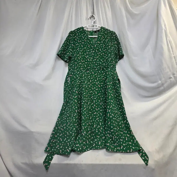 [BUNJANG] LECCOVE Green Floral Print Short Sleeve Midi Dress with Waist Tie / LECCOVE초록색 꽃무늬허리끈 반팔 원피스F