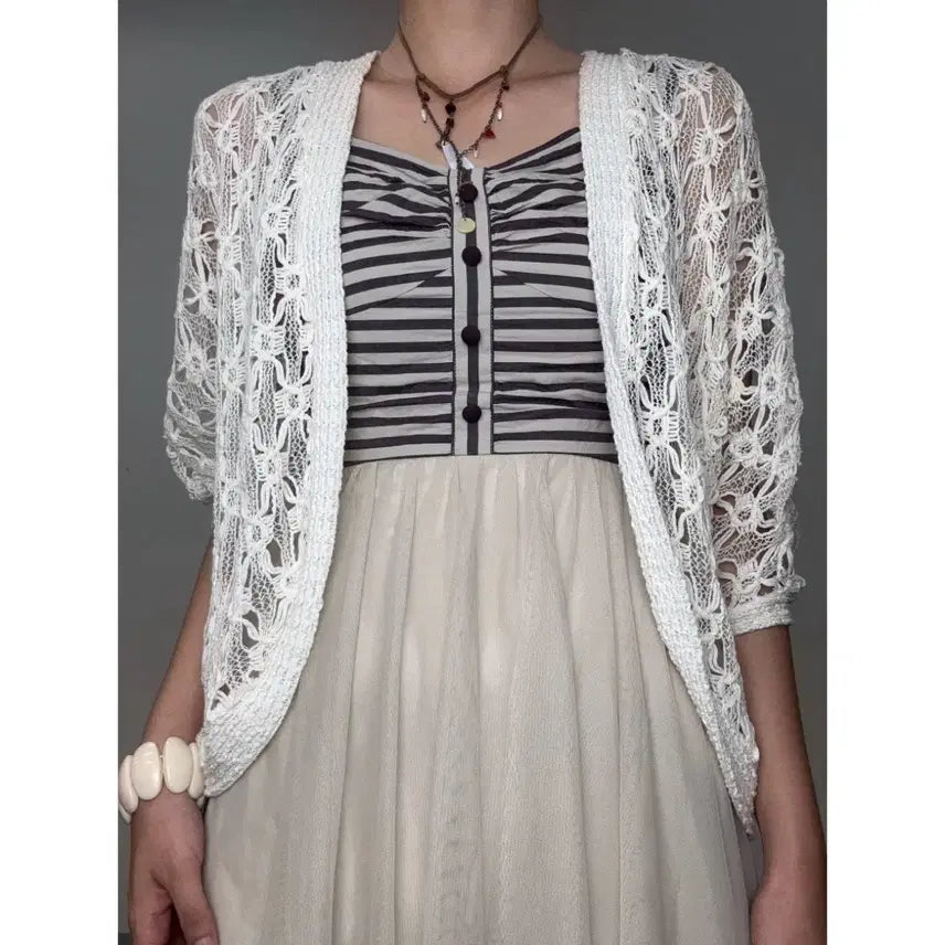[BUNJANG] INGNI Ivory Crochet Short Sleeve Bolero Cardigan / 일본빈티지 아이보리 크로셰 반팔 볼레로 가디건