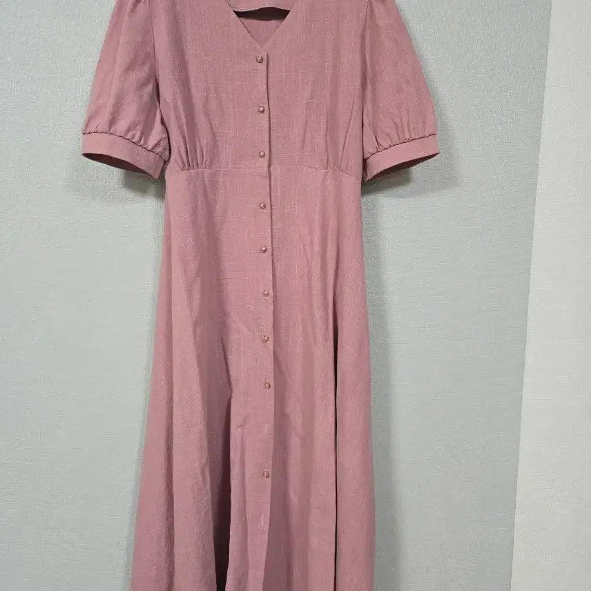 [BUNJANG] Pink Puff Sleeve V-Neck Linen Dress Size 66 / 핑크 퍼프소매 브이넥 린넨원피스 66