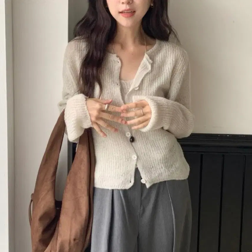 [BUNJANG] Bucl Cardigan and Camisole Set (Warm Gray) / [새상품] 부클 가디건 나시 뷔스티에 세트 (웜그레이)