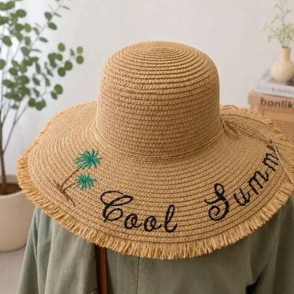 [BUNJANG] Wide Brim Straw Hat with Palm Tree Embroidery / 밀짚 모자