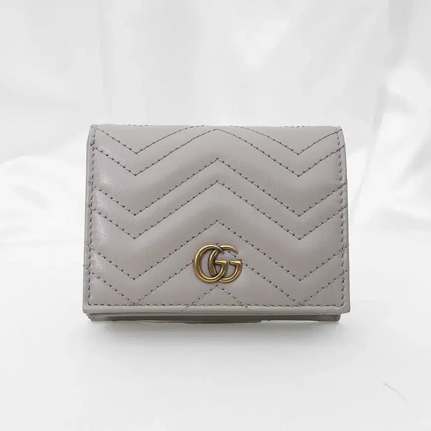 [BUNJANG] Gucci Grey Matelassé Chevron Leather Gold GG Marmont Card Case Wallet / 구찌 그레이 마틀라세 금장 GG 마몽 카드케이스 반지갑