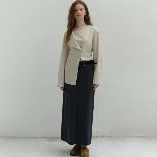 [BUNJANG] On&On Light Beige Cowl Neck Diagonal Button Blouse / 온앤온 카울넥 사선 버튼 블라우스 (라이트베이지)