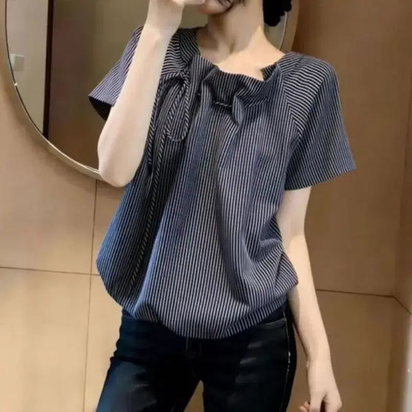 [BUNJANG] Elegant Striped Ribbon Blouse - Blue, L / 세련된 스트라이프 블라우스.새상품