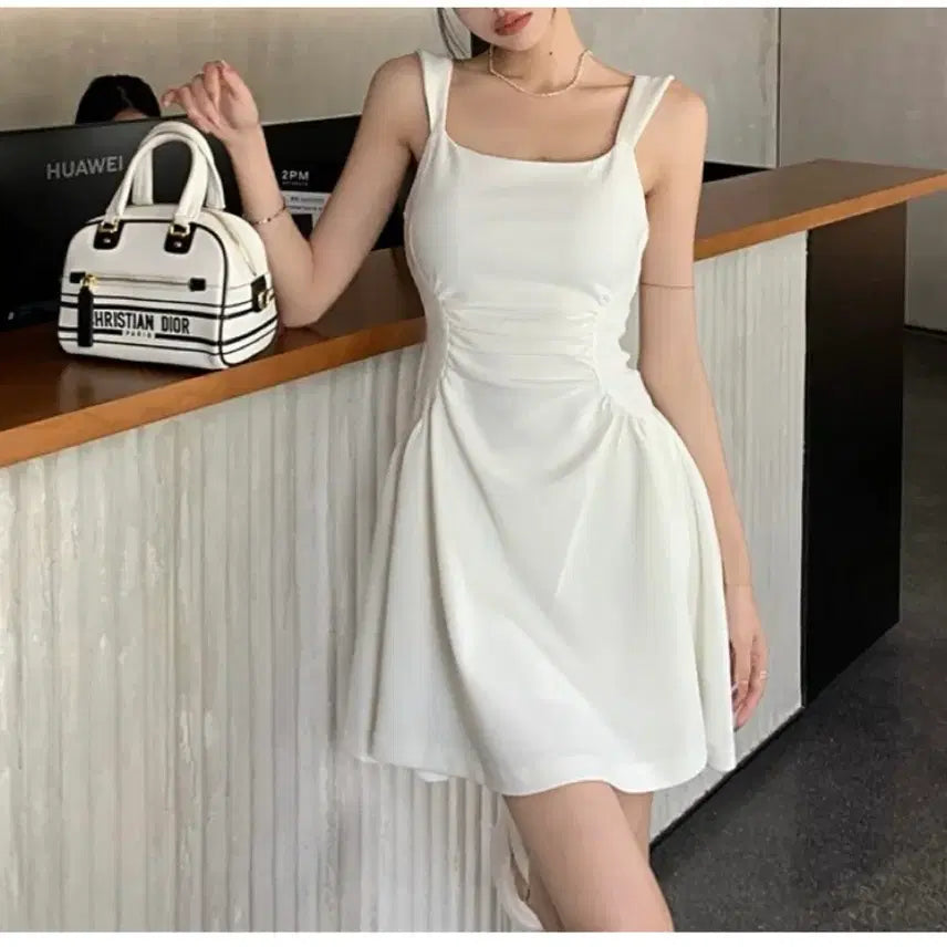 [BUNJANG] White Shirring Mini Dress / 화이트 셔링 미니 원피스
