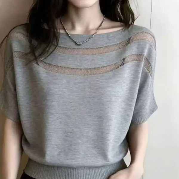 [BUNJANG] Women's Sheer Knit T-Shirt - Gray, Size L / 여성 시스루 니트 티셔츠 .새상품