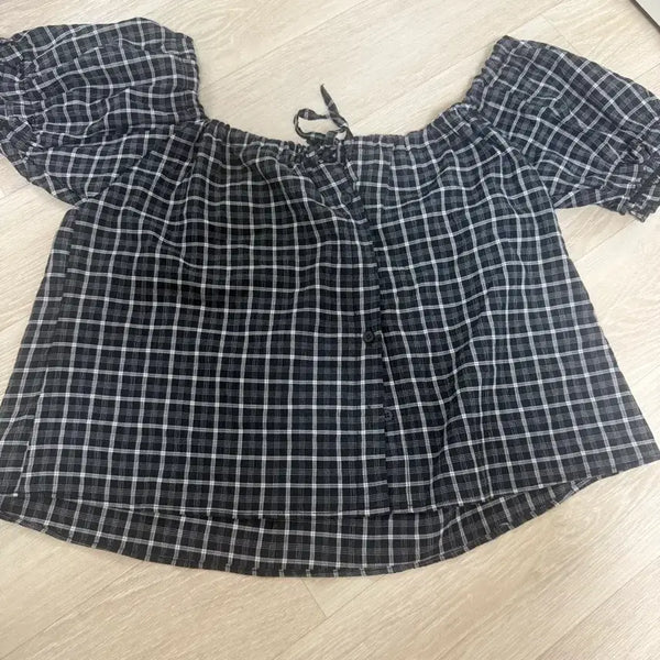 [BUNJANG] Black Checkered String Blouse / 검정 체크 블라우스